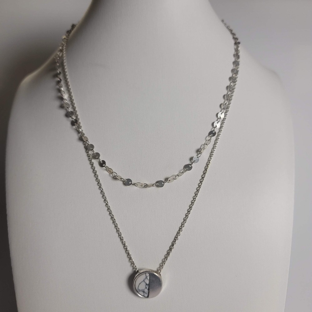 Silver Layered Marble Pendant Necklace White Howlite Minimalist Boho Jewelry